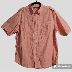 Sean John Utility Shirt Mens Sz 2XL Coral Short Sleeve Button-Up Pinstripe Boxy